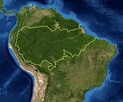 Image 57A map of the Amazon rainforest ecoregions. The yellow line encloses the ecoregions per the World Wide Fund for Nature. (from Ecoregion)