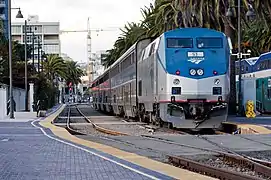A Pacific Surfliner train hauled by a P42DC locomotive in 2012