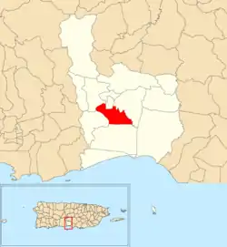 Location of Amuelas within the municipality of Juana Díaz shown in red
