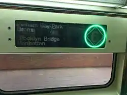 R62A LED destination sign set to a green circle (for local trains)