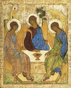Holy Trinity, Hospitality of Abraham; by Andrei Rublev; c. 1411; tempera on panel; 1.1 x 1.4 m (4&nbsp;ft 8 in x 3&nbsp;ft 8.mw-parser-output .frac{white-space:nowrap}.mw-parser-output .frac .num,.mw-parser-output .frac .den{font-size:80%;line-height:0;vertical-align:super}.mw-parser-output .frac .den{vertical-align:sub}.mw-parser-output .sr-only{border:0;clip:rect(0,0,0,0);clip-path:polygon(0px 0px,0px 0px,0px 0px);height:1px;margin:-1px;overflow:hidden;padding:0;position:absolute;width:1px}3⁄4 in); Tretyakov Gallery (Moscow)