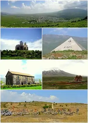 From top left:Aparan skyline with Mount Aragats to the rightBattle of Abaran memorial&nbsp;• Mausoleum of DroKasagh Basilica&nbsp;• Altar of Hope and Mount AraArmenian alphabet park