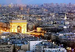 The Avenue de la Grande Armée and Place Charles de Gaulle at sunset.