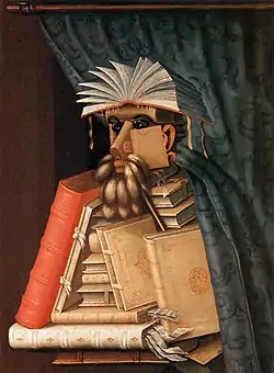 A man whose body consists of books and bookmarks passes into the foreground underneath a green curtain.