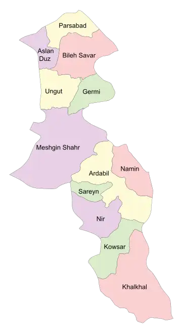 Location of Nir County in&nbsp;Ardabil&nbsp;province (bottom, purple)