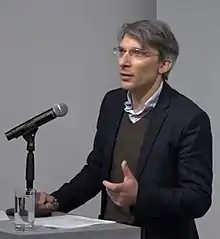 Armen Avanessian speaks at "Images of Surveillance" at the Goethe Institut New York in 2016