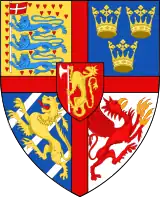 Inherited arms borne en surtout over territorial arms. (Arms of Eric of Pomerania as monarch of the Kalmar Union, c.15th century)