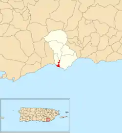 Location of Arroyo barrio-pueblo within the municipality of Arroyo shown in red