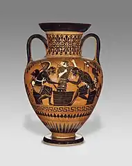 Achilles and Ajax playing a board game overseen by Athena, Attic black-figure neck amphora, ca. 510 BCE