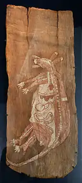 Australian painting of a kangaroo totemic ancestor; c. 1915; painting on bark; 92.5 × 35.5&nbsp;cm; Musée du Quai Branly