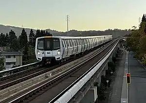 A BART train approaching Walnut Creek in October&nbsp;2022