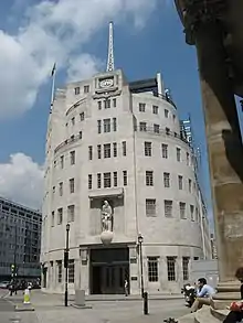 A photograph of Broadcasting House showing the art deco styling of the main facade was made from Portland stone
