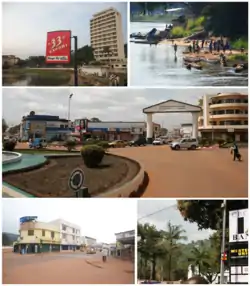From to; left to right: Oubangui Hotel, The shores of Bangui, Bangui Shopping District, Pedestrian crossing, view of street