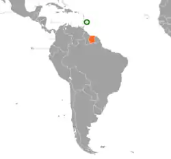 Map indicating locations of Barbados and Suriname