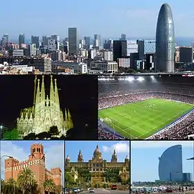 Clockwise from top: 22@ new business district; Camp Nou; W Barcelona hotel and beach; Palau Nacional; Castle of the Three Dragons; and Sagrada Família
