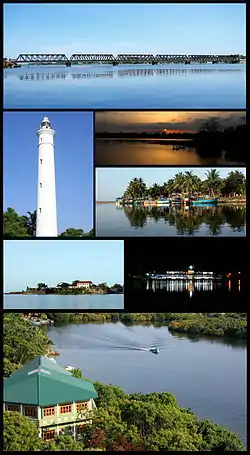 Clockwise from top: Kallady Bridge, Unnichchai Tank, Fishing boats, Batticaloa Bus stand, Batticaloa Lagoon, Batticaloa Fort, Batticaloa Lighthouse