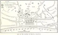 Map of the battlefield, including troop positions. The Union lines form a ring around the city of Helena, with their backs to the Mississippi River.  Confederate troops attack from multiple angles
