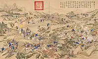 Battle of Khurungui, 1758. General Zhao Hui ambushes and defeats the Zungarian forces of Amoursana on Mount Khurungui (near Almaty, Kazakhstan). Painted by Jean-Damascène Sallusti