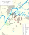 Battle of Szőreg. The situation around 6 p.m. Red - the Austrian troops, Blue - the Hungarian troops. Green - the Russian troops.