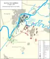 Battle of Szőreg. The start of the battle. Red - the Austrian troops, Blue - the Hungarian troops. Green - the Russian troops.