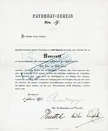 Patronage certificate for funding the Bayreuth Festival, issued on 1 February 1872, signed by Richard Wagner in the original. By paying 300 Thaler, the holder of the certificate acquired the right to attend three performances of the stage festival play Der Ring des Nibelungen.