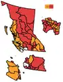 BC battleground map based on the predictions aggregated by the bc/ Election Prediction Project[permanent dead link].
