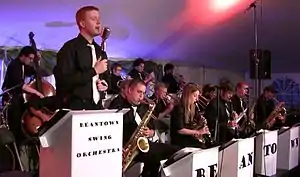 picture of John Stevens singing with the Beantown Swing Orchestra