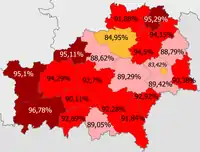 Belarusians in the region.mw-parser-output .legend{page-break-inside:avoid;break-inside:avoid-column}.mw-parser-output .legend-color{display:inline-block;min-width:1.25em;height:1.25em;line-height:1.25;margin:1px 0;text-align:center;border:1px solid black;background-color:transparent;color:black}.mw-parser-output .legend-text{}&nbsp;&nbsp;>95%.mw-parser-output .legend{page-break-inside:avoid;break-inside:avoid-column}.mw-parser-output .legend-color{display:inline-block;min-width:1.25em;height:1.25em;line-height:1.25;margin:1px 0;text-align:center;border:1px solid black;background-color:transparent;color:black}.mw-parser-output .legend-text{}&nbsp;&nbsp;90–95%.mw-parser-output .legend{page-break-inside:avoid;break-inside:avoid-column}.mw-parser-output .legend-color{display:inline-block;min-width:1.25em;height:1.25em;line-height:1.25;margin:1px 0;text-align:center;border:1px solid black;background-color:transparent;color:black}.mw-parser-output .legend-text{}&nbsp;&nbsp;85—90%.mw-parser-output .legend{page-break-inside:avoid;break-inside:avoid-column}.mw-parser-output .legend-color{display:inline-block;min-width:1.25em;height:1.25em;line-height:1.25;margin:1px 0;text-align:center;border:1px solid black;background-color:transparent;color:black}.mw-parser-output .legend-text{}&nbsp;&nbsp;<85%