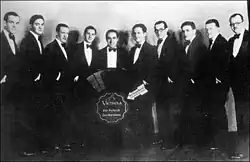 Pollack and His Californians, Chicago, 1926: (L-R) Glenn Miller, Benny Goodman, Gil Rodin, Harry Green, Ben Pollack, Fud Livingston, Al Harris, Harry Goodman, Vic Breidis, Lou Kastler