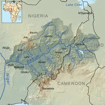 The Benue River is fed by multiple tributaries originating in the Adamawa Plateau; many of the highest tributaries are seasonal streams. The Benue is itself a major tributary of the Niger.