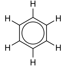 Benzene, a 6-membered carbocyclic compound. methine hydrogens shown, and 6 electrons shown as delocalized through drawing of circle (aromatic).
