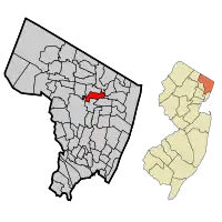 Map highlighting Emerson's location within Bergen County. Inset: Bergen County's location within New Jersey.
