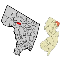 Map highlighting Ho-Ho-Kus's location within Bergen County. Inset: Bergen County's location within New Jersey.
