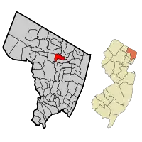 Map highlighting Westwood's location within Bergen County. Inset: Bergen County's location within New Jersey.