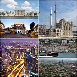 Clockwise from top left: Ortaköy Mosque; Arnavutköy; Levent and Etiler; view of Büyükdere Avenue; Akaretler Row Houses; and Dolmabahçe Palace