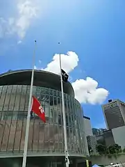 The "Black Bauhinia" flag hung by the protesters, flying at LegCo Building