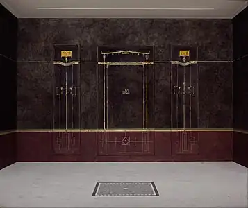 Wall paintings that show an aedicula with small landscape with a ceremony taking place before a tower. Either side of this landscape are a pair of slim columns supporting a pediment. From Villa at Boscotrecase Metropolitan Museum of Art, New York. Last decade of the 1st century BCE