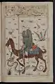 A man, mounted on a camel, killing a dragon with a lance.