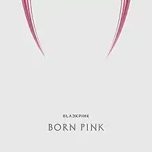 Cover artwork of Born Pink - a pair of pink fangs are displayed on top against a white background. Below are text reading "BLɅϽKPIИK" and "BORN PINK".