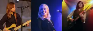 The members in 2018 and 2019: Julien Baker (left), Phoebe Bridgers (center), and Lucy Dacus (right)
