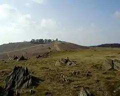 Picture of Old John Tower and the War memorial, at the top of the hill, above jagged rocks.
