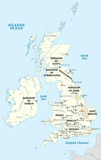 Map of the British Isles in the tenth century.