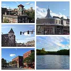 Clockwise from top left: Brookline Firehouse, Tricentennial building, Muddy River, Brookline Village, SS Pierce building in Coolidge Corner