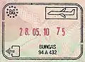 Exit stamp for air travel issued at Burgas Airport.