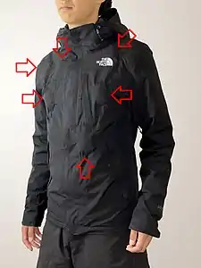 Bullet hit squibs (labelled) on a padded jacket and dark-coloured fabric. Each squib contains 25&nbsp;g of fake blood.