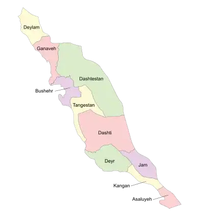 Location of Dashtestan County in&nbsp;Bushehr&nbsp;province (top,&nbsp;green)