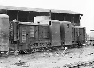 A pair of trench railway tractors in the Minico yard of the Australian 17th Light Railway Operating Company during the Battle of Passchendaele.