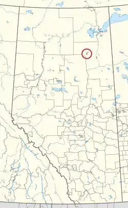 A map of the province of Alberta showing 80 counties and 145 small Indian reserves. One is highlighted with a red circle.