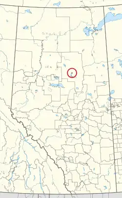 A map of the province of Alberta showing 80 counties and 145 small Indian reserves. One is highlighted with a red circle.