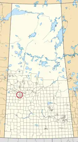 A map of the province of Saskatchewan showing 297 rural municipalities and hundreds of small Indian reserves. One is highlighted with a red circle.